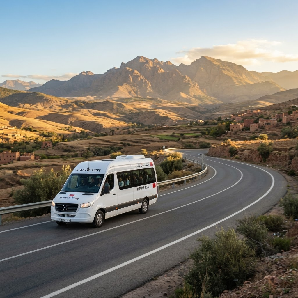 A private tour vehicle on a scenic Moroccan mountain road