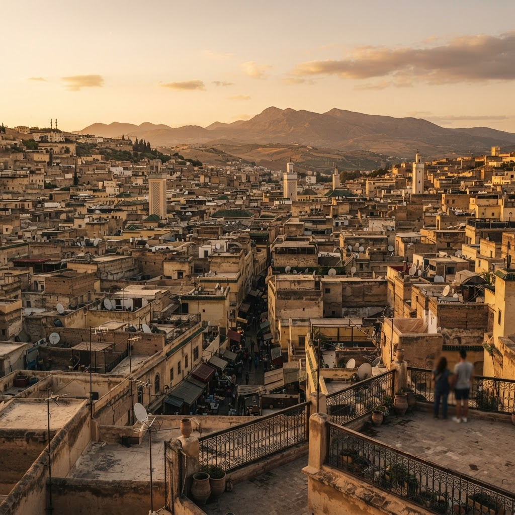A scenic view over the Moroccan landscape at sunset
