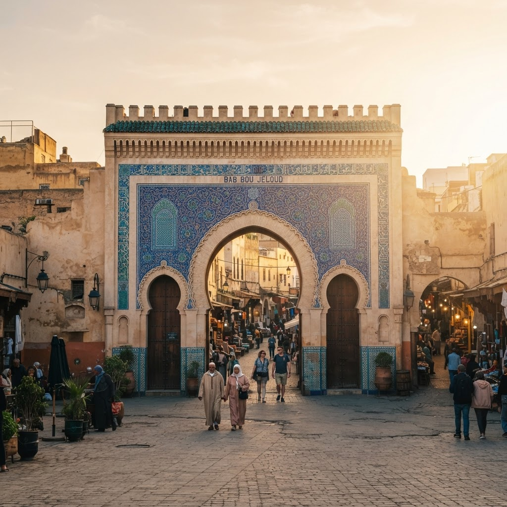The historic Bab Bou Jeloud gate and medina of Fes, Morocco at golden hour